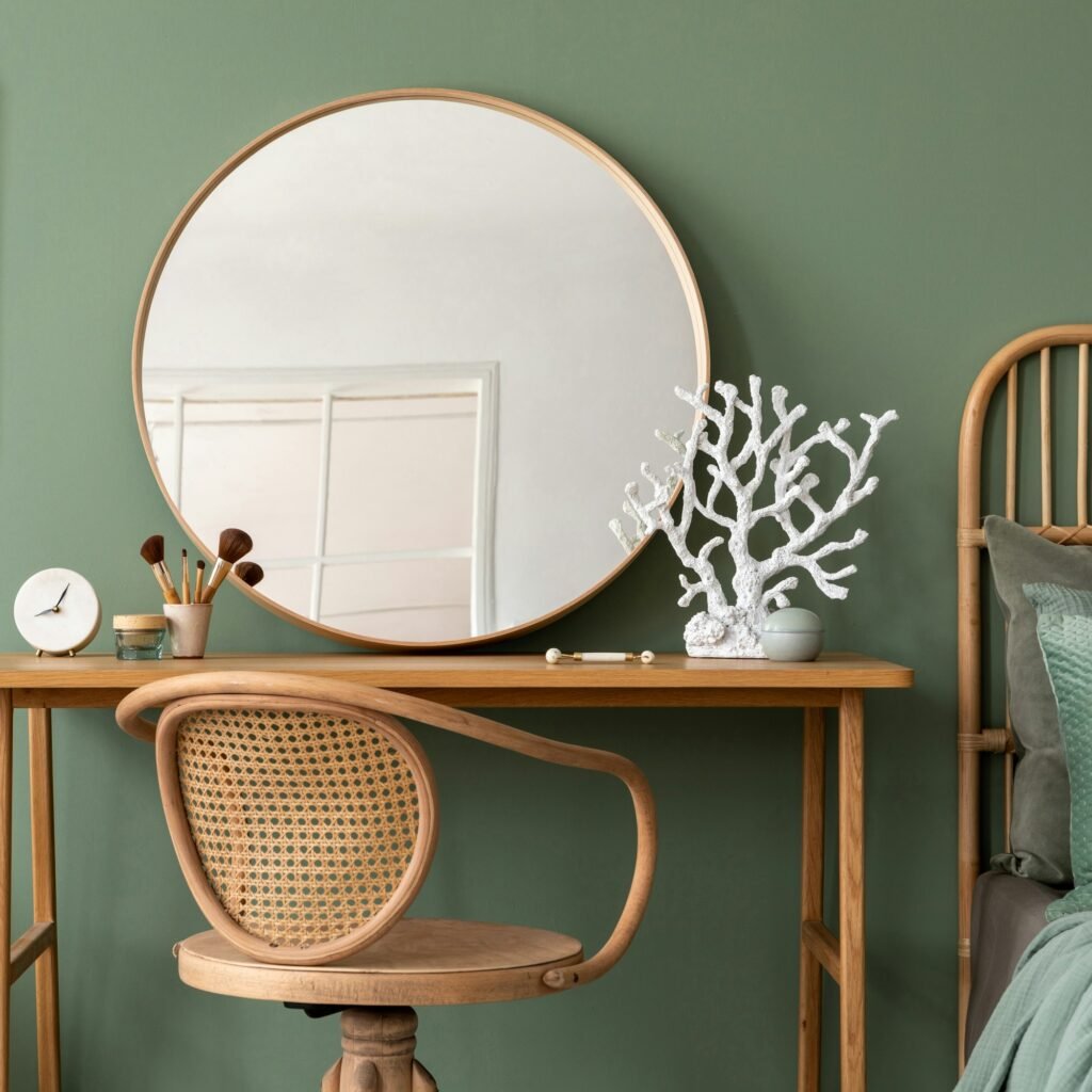 Elegant details of modern interior design with wooden sideboard, bed, mirror, painting