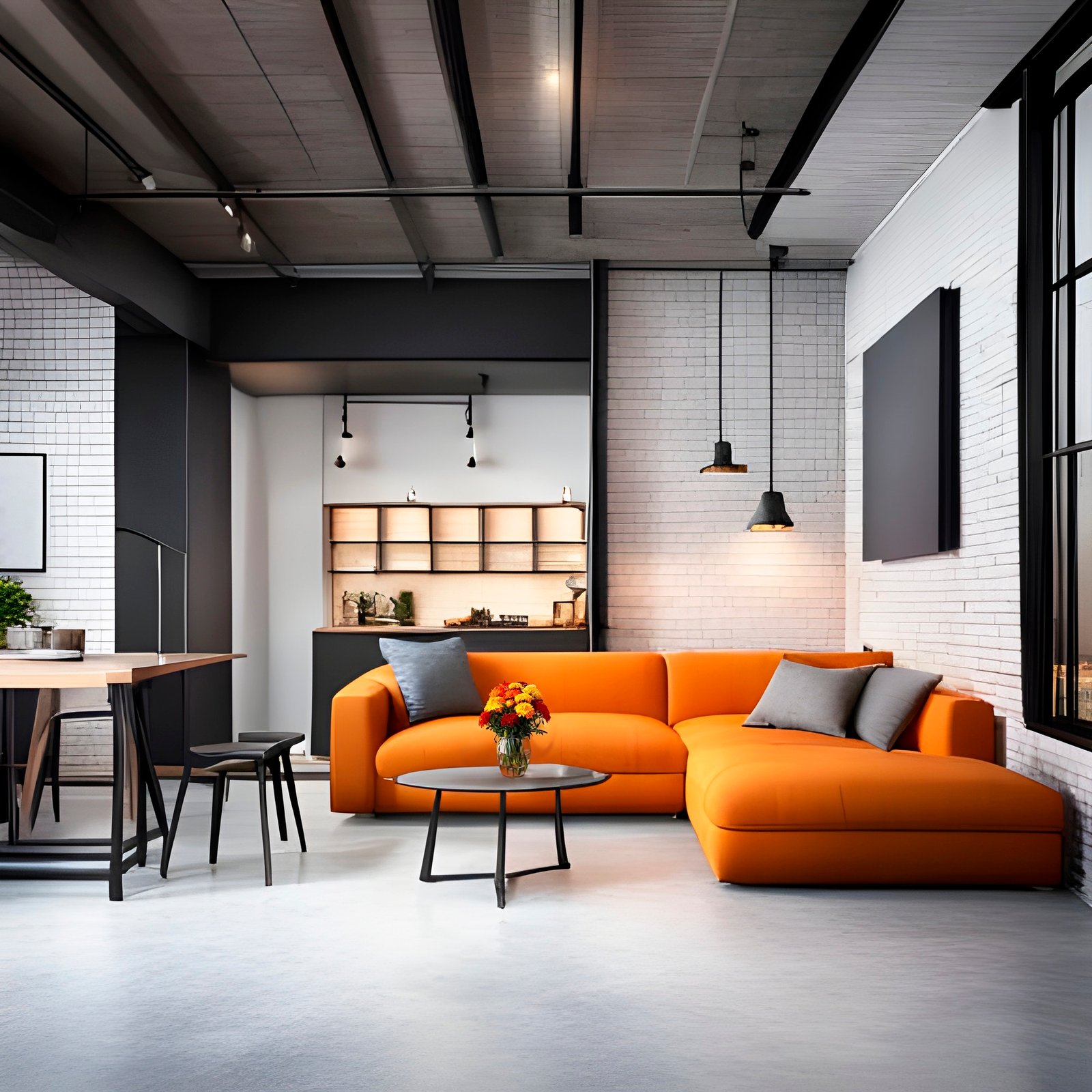 Realistic kitchen interior, orange sofa, gray floor, wooden table, loft style, soft lighting
